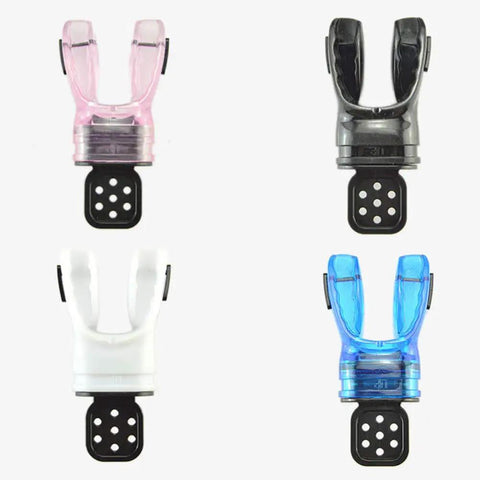 Four Custom Fit Silicone Scuba Mouthpieces For Adults in pink, black, white, and blue to cut jaw fatigue, easy to shape with hot water