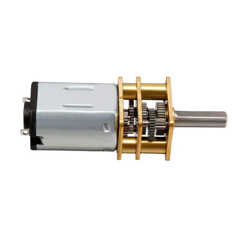 Two Pack DC Micro Gearbox Motors 3V 100 RPM N20, 17x12mm body with 10x3mm shaft, side view showing metal gear train.