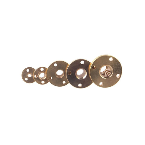 Heavy Duty Brass Type T Lead Screw Nut Trapezoidal Backlash Adjustment T5 T8 T10 T12 T20 shown in varying sizes for CNC machines.