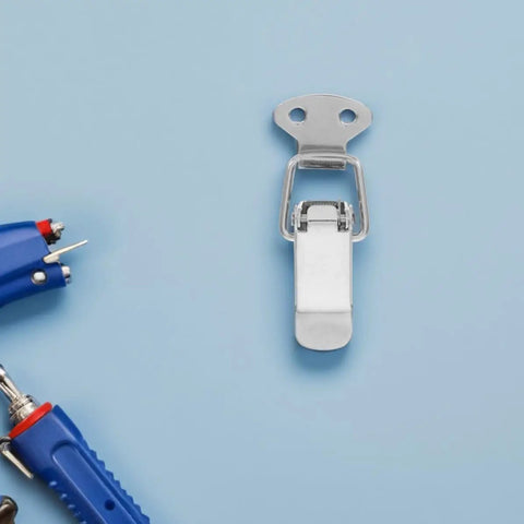 Stainless Steel Spring Loaded Toggle Latches 10 Pack Heavy Duty Quick Release Pull Handles For RV Cabinets, Travel Bags, And Outdoor Gear Case Closure Clasp Super Sturdy Design, single latch on blue background.