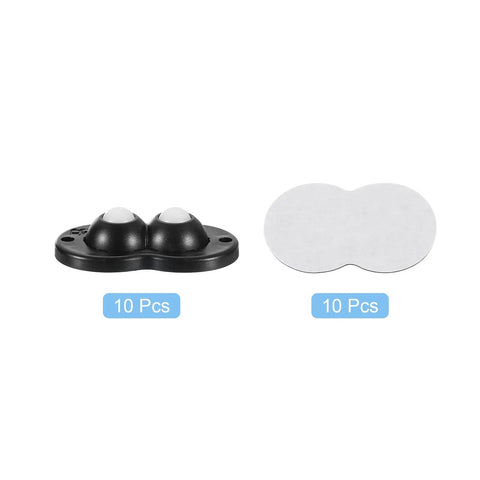 Mini Self Adhesive Caster Wheels Set 2.05 By 1.14 Inch 360 Degree Swivel Castors For Small Appliances Storage Boxes And Trash Cans White Nylon Beads 10 Pack Smooth Surface Only Tiny But Mighty, showing front view of 10 black casters with white nylon beads and adhesive backing.