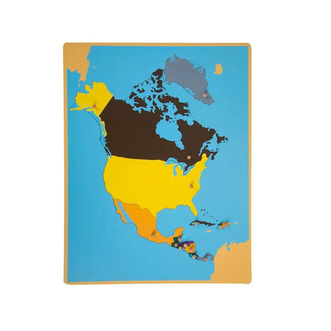 Geography Cabinet With 8 Puzzles And Birch Wood Montessori Maps showing North America puzzle map for classroom learning.