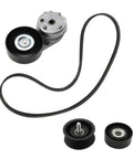 Top Notch Drive Belt Idler Pulley And Tensioner Kit With Four Essential Parts LR011327 LR035545 For Land Rover Discovery Lr4 And Sport That Keeps Your Engine Running Smooth And Quiet Like New., black serpentine belt with two idler pulleys and a tensioner