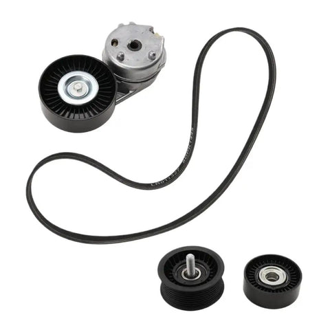 Top Notch Drive Belt Idler Pulley And Tensioner Kit With Four Essential Parts LR011327 LR035545 For Land Rover Discovery Lr4 And Sport That Keeps Your Engine Running Smooth And Quiet Like New., black serpentine belt with two idler pulleys and a tensioner