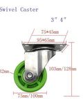 Heavy Duty 3 Inch Swivel Caster Wheels With Brakes Silent Nylon Rollers Double Ball Bearing showing measurements and green wheel.