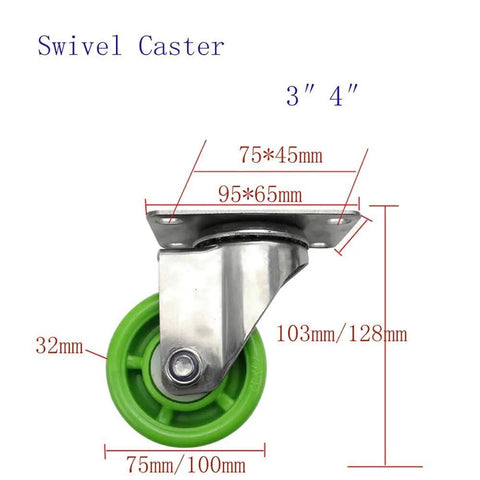 Heavy Duty 3 Inch Swivel Caster Wheels With Brakes Silent Nylon Rollers Double Ball Bearing showing measurements and green wheel.