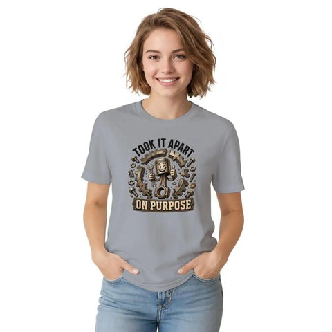 Cool Mechanical Engineer Tee With Exploded Gear Graphic Design worn by woman, gray unisex cotton shirt, humorous design for mechanics.