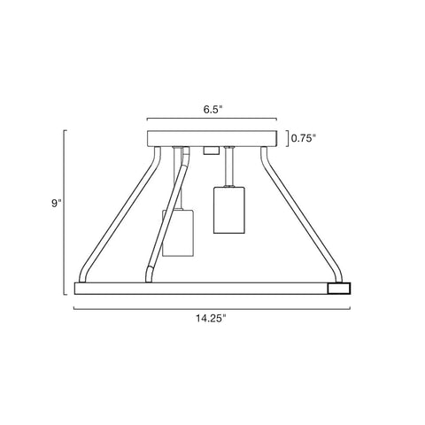 Dimensions diagram of the 14-Inch 3-Light Rustic Farmhouse Flush Mount Ceiling Light With Metal Shade In Smoked Birch Finish, Open Shade.