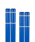 Rock Solid Four Inch X Fifty Two Inch Bollard Covers 4 Pack Hella Tough Hdpe High Visibility Blue White Stripes for parking lots.