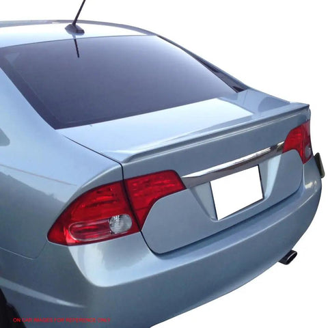 Rear view of Trunk Spoiler for 2006 to 2011 Honda Civic 8th Gen Sedan Performance Style Unpainted Black ABS Rear Lip Deck Boot Wing Looks Sick Easy Install Durable Exterior Upgrade fitted on a silver Civic sedan.