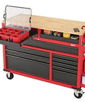 Beefy 52 Inch Mobile Workbench With 11 Soft Close Rollout Drawers And Thick Hardwood Counter Top For Ultimate Garage Tool Organizing And Job Site Rig Upgrades, red and black with storage.