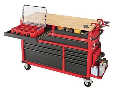 Beefy 52 Inch Mobile Workbench With 11 Soft Close Rollout Drawers And Thick Hardwood Counter Top For Ultimate Garage Tool Organizing And Job Site Rig Upgrades, red and black with storage.