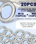 Aluminum oil drain plug gaskets set, 20 pieces (10 M18 + 10 M20), for Honda/Acura vehicles
