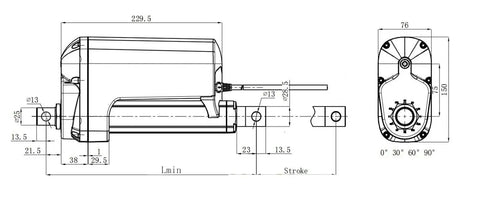 Zero Hassle Top Tier Waterproof Linear Actuator Motor dimensions and technical drawing for industrial automation setup.