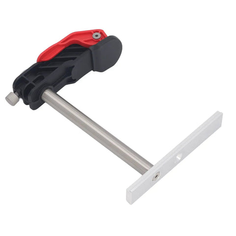 Top Notch Stainless Steel Hold Down Clamps Set Quick Release Bench Dogs Killer For Woodworking Drilling Tables Shop Benches Groove Mounts Rugged Workshop Gear close-up of clamp with stainless steel arm and red handle