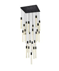 Modern 25 Light Crystal Pendant Ceiling Fixture With Matte Black Metal Frame And Contemporary Design For Indoor Living Spaces That Brings Straight Fire Vibes And Premium Swag, viewed from above with crystal rods.