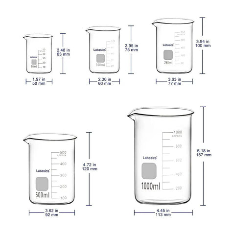 Borosilicate Glass Beaker Set With Graduated Griffin Low Form Beakers In Five Sizes 50 mL 100 mL 250 mL 500 mL And 1 L Pro Grade