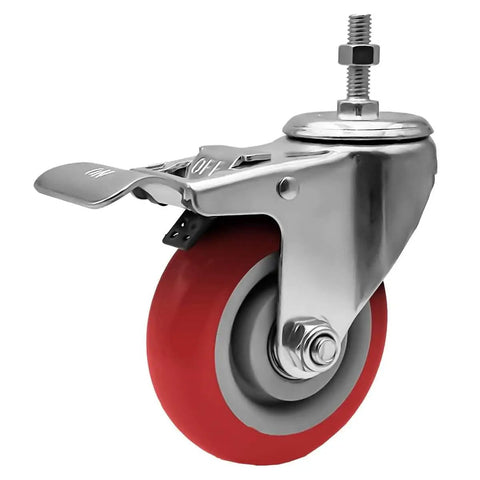 Smooth Cruising 4 Inch Red Polyurethane Caster Wheels With Dual Locking Brakes And Threaded Stem Mount Built Tough For Heavy Loads Totally Silent Non Marking Rollers Pack Of Four