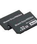 Two 32GB Pro Duo Memory Stick Mark 2 cards for PSP 1000 2000 3000 and digital cameras, high speed storage for games and media.