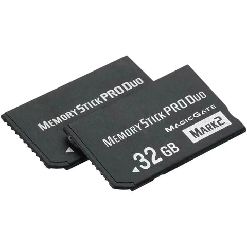 Two 32GB Pro Duo Memory Stick Mark 2 cards for PSP 1000 2000 3000 and digital cameras, high speed storage for games and media.
