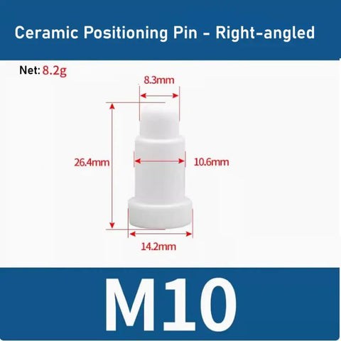 Heavy Duty Ceramic Positioning Pins For Spot Welding Machines Right Angle M10, dimensions labeled, 8.2g, white ceramic.