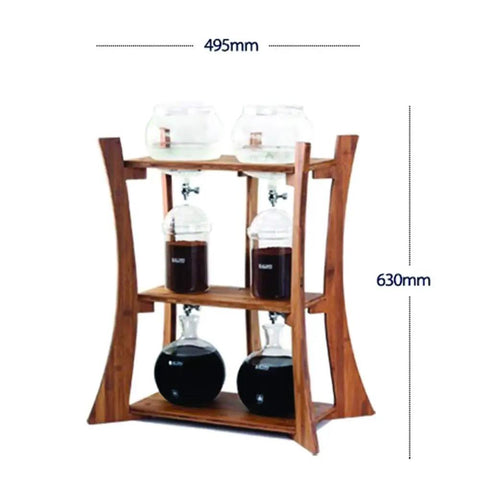 Heavy Duty Dutch Cold Brew Coffee Maker With Solid Wood Tower And Stainless Steel Filter brewing iced coffee, 630mm tall with glass vessels.