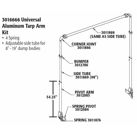 Diagram of Aluminum Tarp Arm Kit For Dump Trucks With Telescoping Arms And 8 Spring Torsion Pivot System Universal Fit 8 to 19 ft Dump Bodies