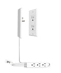 Ultra Slim Flat Plug Extension Cord Power Strip 3 Feet 3 Outlet White view showing flat plug design and AC outlets for hidden use.