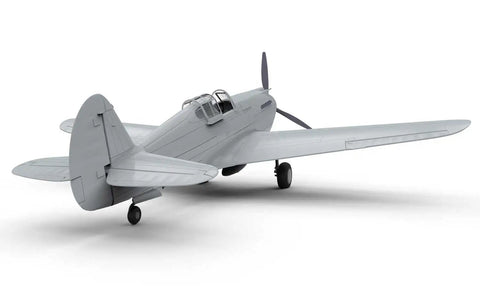 Unpainted backside view of WWII Curtiss P 40B Warhawk Scale 1 48 Plastic Aircraft Model Kit In Green And White For Military History Hobbyists Detailed Fighter Plane Build For Modelers And Collectors