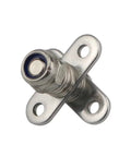 Close-up of square stainless steel damping torque hinge with adjustable stop and mounting holes