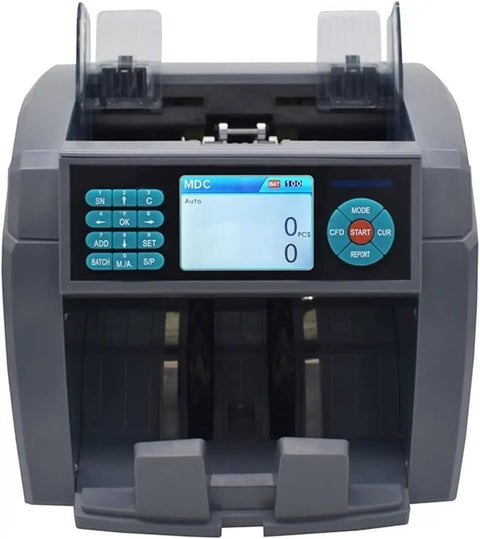 Top Shelf Mixed Denomination Money Counter With Auto Currency ID And Smart Counterfeit Detector for quick bill processing.