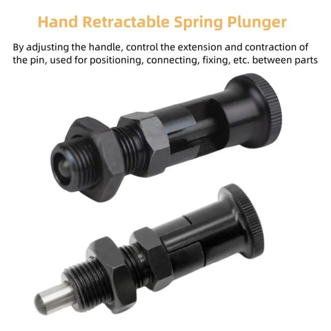 Rock Solid Push Fit Ball Nose Carbon Steel Spring Knob Plunger With Self Locking Retractable Index Pin For Heavy Duty Industrial Positioning And Fixing Hardware M10 Thread, showcasing adjustable plunger mechanism.