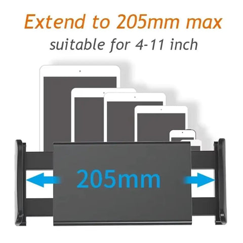 Heavy Duty Car Headrest Tablet Mount For Tesla Cybertruck Featuring Adjustable Steel Bracket extending to 205mm for devices 4-11 inches.