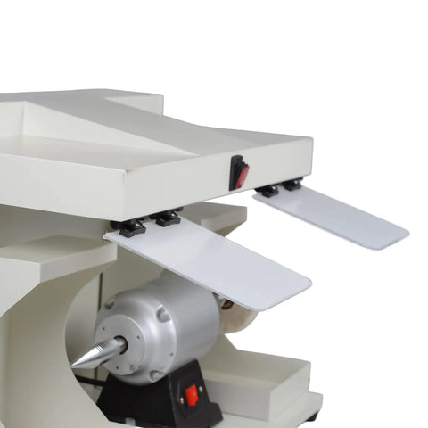 Heavy Duty 550W Dual Head Bench Grinder Delivering Rock Solid 2800 RPM Copper Motor Power With Built In Led Lighting side view of grinding platform.