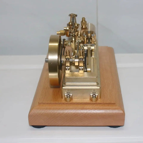 Side view of Mini Retro Horizontal Steam Engine Model Kit With Dope Brass Construction Reciprocating Double Acting Cylinder Flyball Speed Reducer