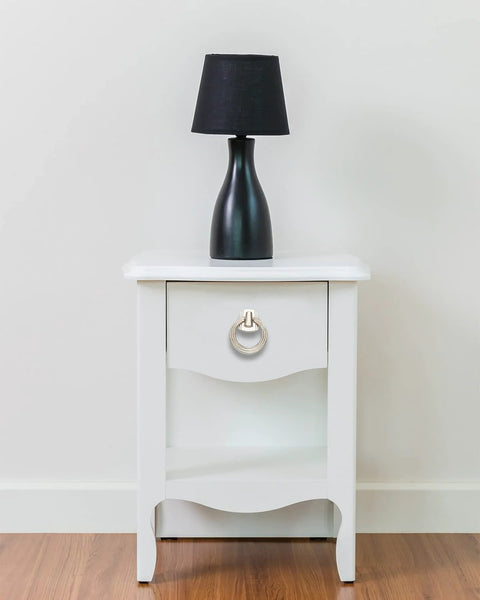 5 Pack 2.2 Inch Footed Nickel Ring Drawer Pulls For Cabinets And Cupboards on a white nightstand, classic design