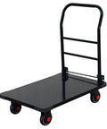 Foldable Steel Flatbed Hand Cart With Heavy Duty Rolling Base And Smooth 360 Degree Swivel Wheels To Carry Bulky Gear Like A Champ Without Breaking A Sweat During Moves Or Junk Hauling, black steel cart with handle and wheels.