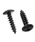 Slick M3 X 10mm Carbon Steel Round Head Self Tapping Wood Screws With Nifty Cross Slotted Mushroom Tops And Tough Black Oxide Finish, two screws shown
