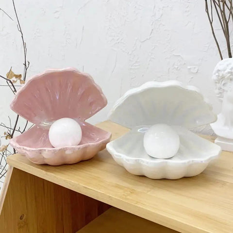 Japanese Style Ceramic Shell Pearl Night Light With Color Changing LED Pearl Glow Mermaid Shell Night Lamp in pink and white