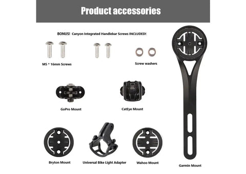 Components of All In One Aero Handlebar Out Front Bike Mount For Cycling Computers And GoPro With Built In Light Attachment