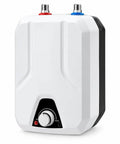 Wall Mounted Electric Mini Tank Water Heater 1.59 Gallon 1500 Watt 110 Volt adjustable thermostat with red and blue connectors.
