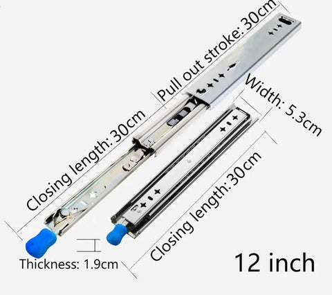 Heavy Duty Steel Drawer Slides 300mm Full Extension Ball Bearing Side Mount With Soft Close And Security Lock dimensions 12 inch 5.3cm width