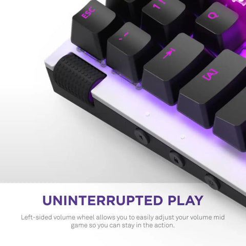 Legit Snug Compact Mini TkL Wired Mechanical Gaming Keyboard Built For Rapid Gameplay showing left-sided volume wheel and RGB lighting.