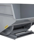 Heavy Gauge Gray Self Dumping Forklift Hopper With Five Cubic Yard Capacity And Continuous Welds Built Tough For The Daily Grind, side view.