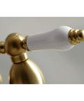 Close-up of brushed brass handle on 4 Inch Centerset Bathroom Faucet In Brushed Brass, Solid Brass Construction, Classic Vintage Style