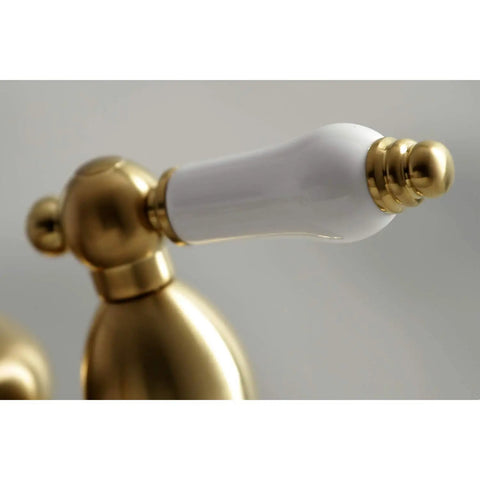 Close-up of brushed brass handle on 4 Inch Centerset Bathroom Faucet In Brushed Brass, Solid Brass Construction, Classic Vintage Style