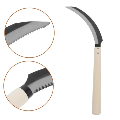 Serrated Weeding Tool With Wooden Handle For Easy Weeding And Harvesting In The Home Garden And Field with crescent-shaped blades