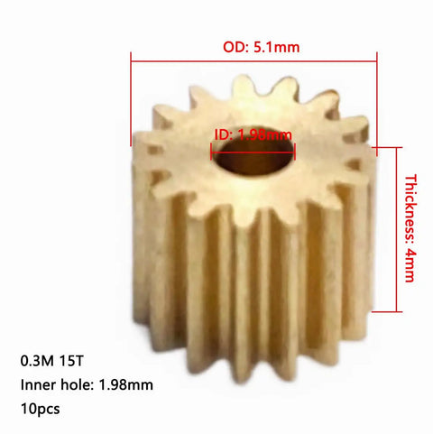 10pcs Brass Gears 15T Modulus 0.3M 1.98mm Bore 4mm Thick 5.1mm OD Metal Gear, dimensions are labeled