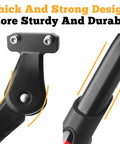Rear Mount Bike Kickstand Built Tough With Adjustable Aluminum Alloy Fits 24 To 29 Inch Electric And Mountain Bikes 40mm Hole Spacing Heavy Duty Stand For Adults Easy Install Sturdy Long Lasting Kickstand For Daily Rides, close-up of aluminum frame and mounting bolts.