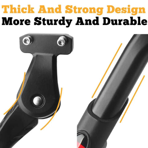 Rear Mount Bike Kickstand Built Tough With Adjustable Aluminum Alloy Fits 24 To 29 Inch Electric And Mountain Bikes 40mm Hole Spacing Heavy Duty Stand For Adults Easy Install Sturdy Long Lasting Kickstand For Daily Rides, close-up of aluminum frame and mounting bolts.